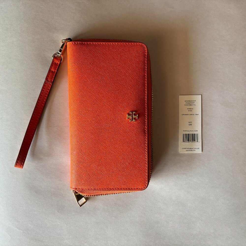 NWT Tory Burch Emerson Zip Passport Continental Orange Juice OS